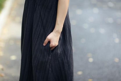 Fashionable Linen Dark Gray Stripe Sleeveless Dress