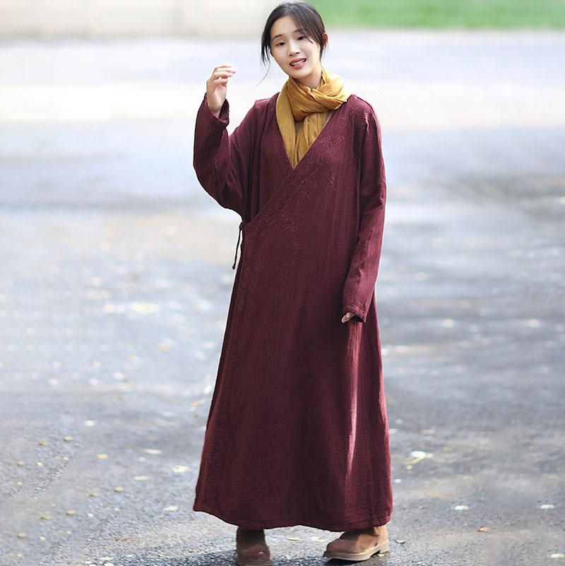 Retro Long Sleeve Pockets Lacing Embroidery Wine Red Coat