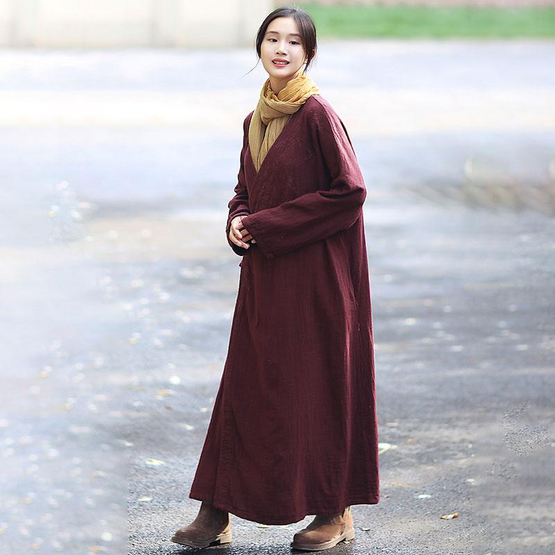 Retro Long Sleeve Pockets Lacing Embroidery Wine Red Coat