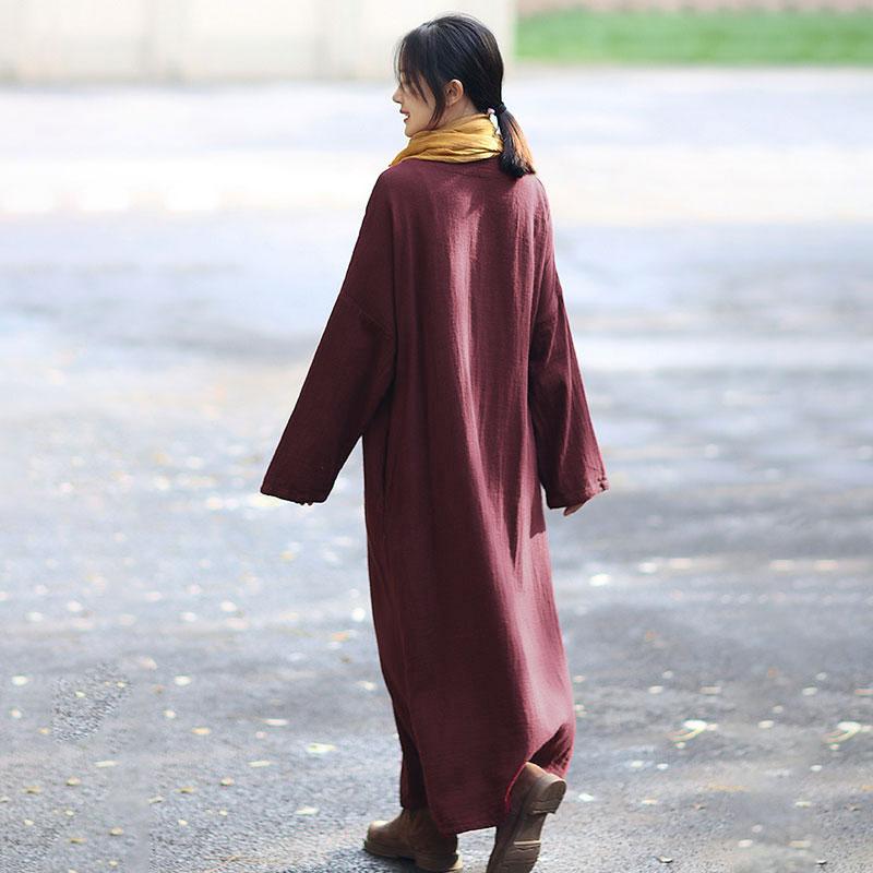 Retro Long Sleeve Pockets Lacing Embroidery Wine Red Coat