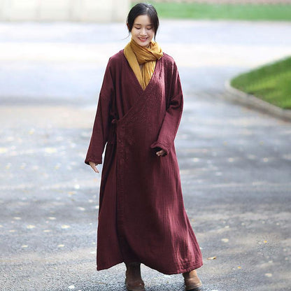 Retro Long Sleeve Pockets Lacing Embroidery Wine Red Coat