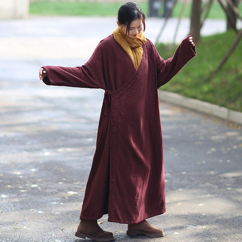 Retro Long Sleeve Pockets Lacing Embroidery Wine Red Coat