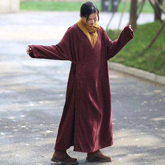 Retro Long Sleeve Pockets Lacing Embroidery Wine Red Coat