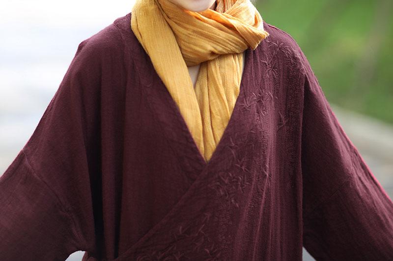 Retro Long Sleeve Pockets Lacing Embroidery Wine Red Coat