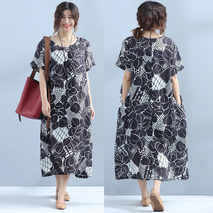 Printing Short Sleeve Linen Women Summer Black Dress