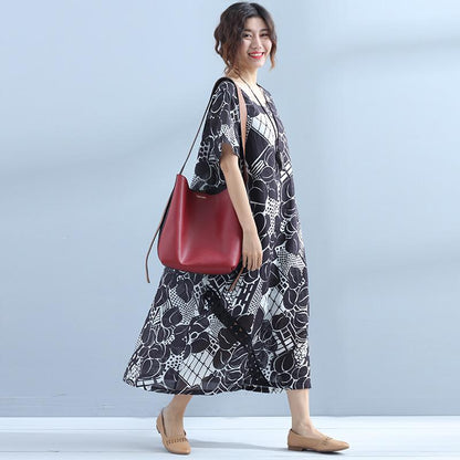 Printing Short Sleeve Linen Women Summer Black Dress