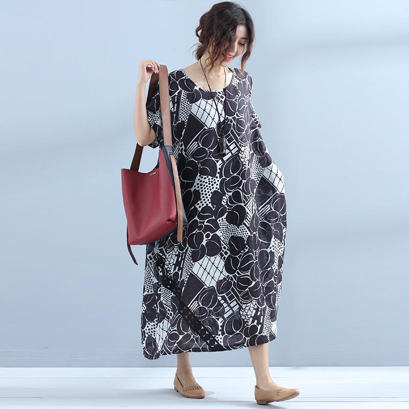 Printing Short Sleeve Linen Women Summer Black Dress