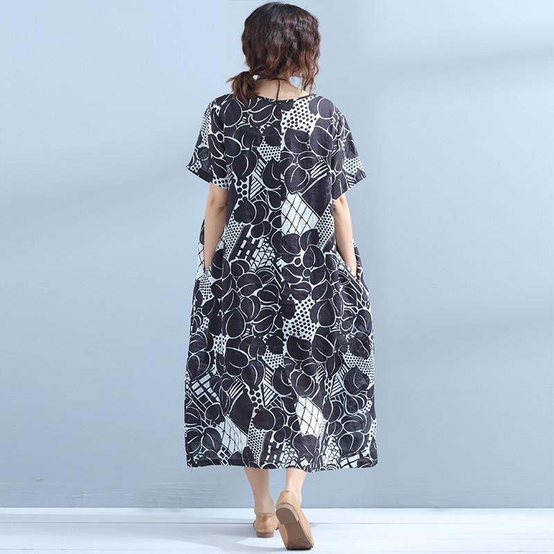 Printing Short Sleeve Linen Women Summer Black Dress