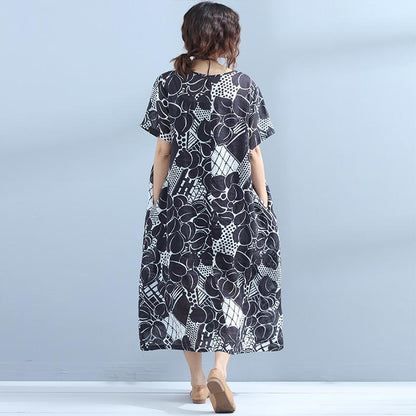Printing Short Sleeve Linen Women Summer Black Dress