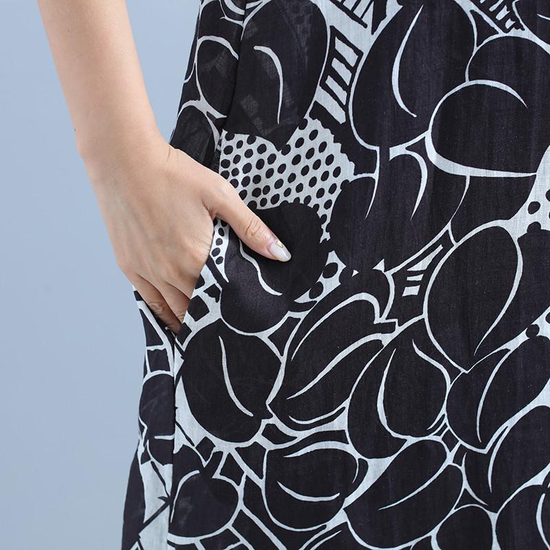 Printing Short Sleeve Linen Women Summer Black Dress