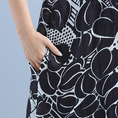 Printing Short Sleeve Linen Women Summer Black Dress