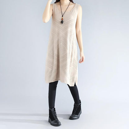 Sleeveless Hollowed Round Neck Side Slit Elegant Beige Women Dress