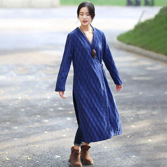 Chic Jacquard V Neck Long Sleeve Lacing Blue Dress For Women