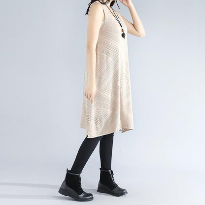 Sleeveless Hollowed Round Neck Side Slit Elegant Beige Women Dress