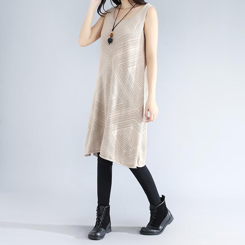 Sleeveless Hollowed Round Neck Side Slit Elegant Beige Women Dress
