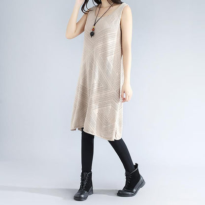 Sleeveless Hollowed Round Neck Side Slit Elegant Beige Women Dress