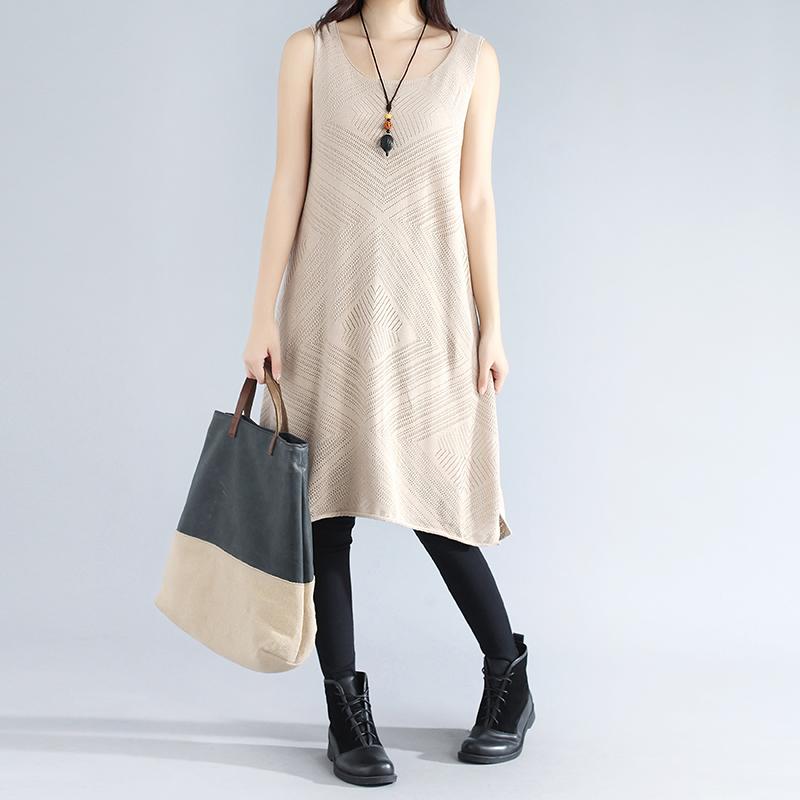 Sleeveless Hollowed Round Neck Side Slit Elegant Beige Women Dress