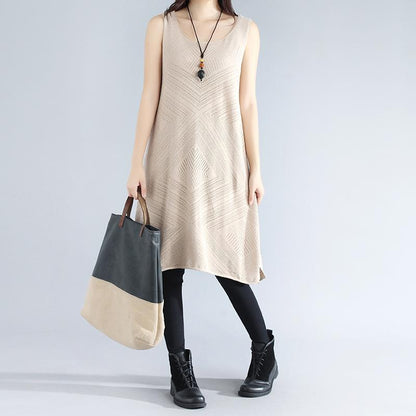 Sleeveless Hollowed Round Neck Side Slit Elegant Beige Women Dress
