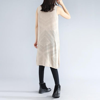 Sleeveless Hollowed Round Neck Side Slit Elegant Beige Women Dress