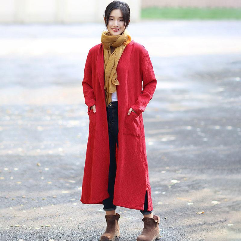 Red Retro Pockets Side Slit Long Sleeve Plain Cardigan Coat
