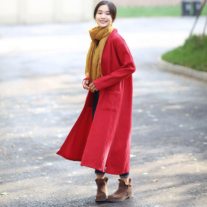 Red Retro Pockets Side Slit Long Sleeve Plain Cardigan Coat