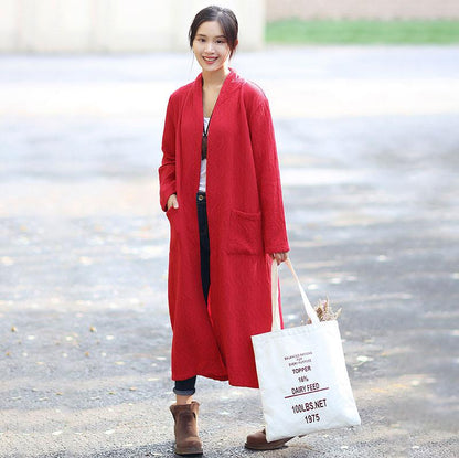 Red Retro Pockets Side Slit Long Sleeve Plain Cardigan Coat