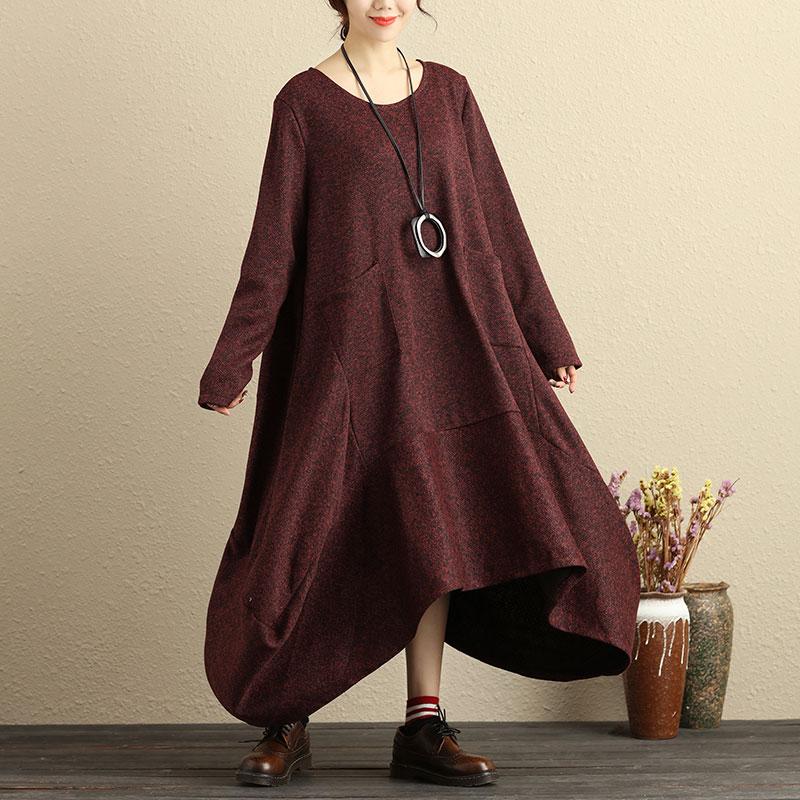 Plus Size Women Round Neck Long Sleeve Loose Cotton Dress