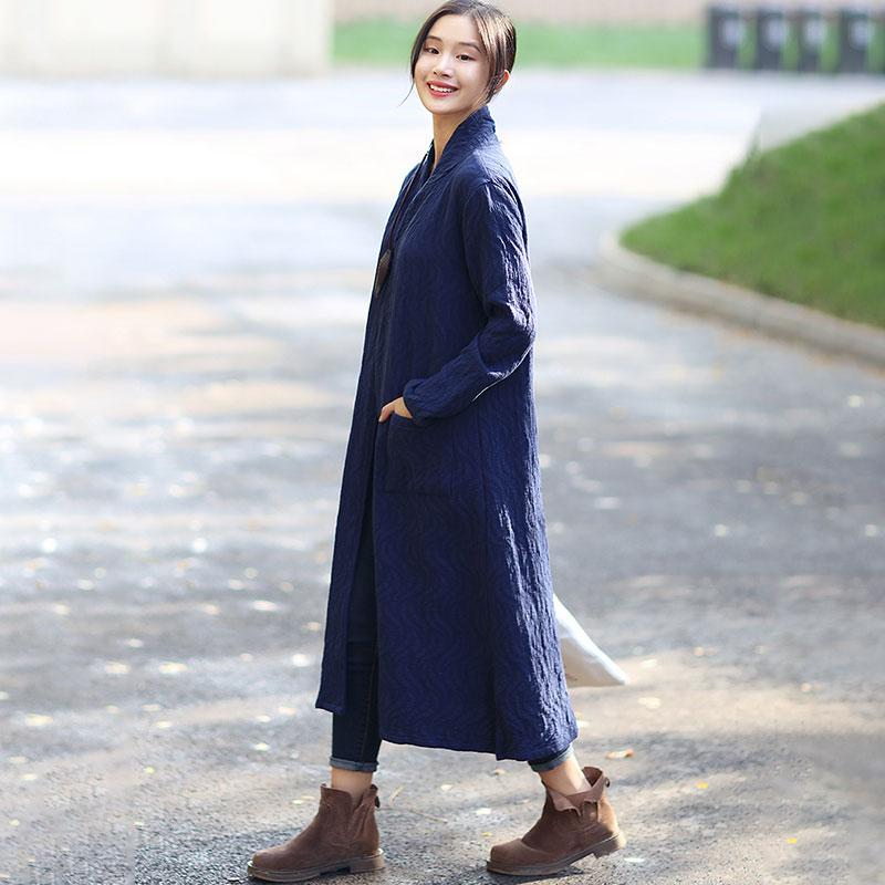 Navy Blue Retro Pockets Side Slit Long Sleeve Plain Cardigan Coat