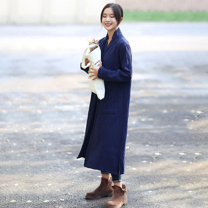 Navy Blue Retro Pockets Side Slit Long Sleeve Plain Cardigan Coat