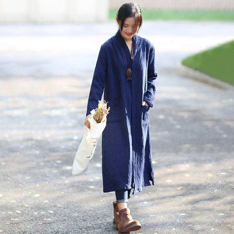 Navy Blue Retro Pockets Side Slit Long Sleeve Plain Cardigan Coat