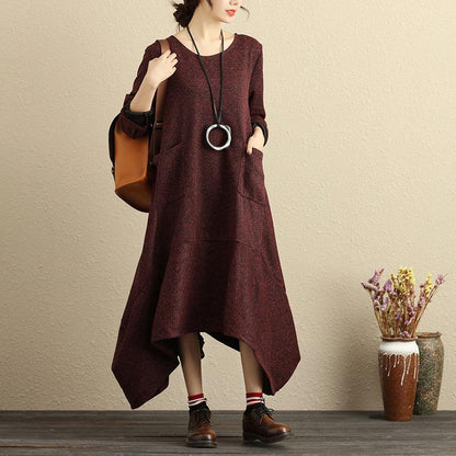 Plus Size Women Round Neck Long Sleeve Loose Cotton Dress