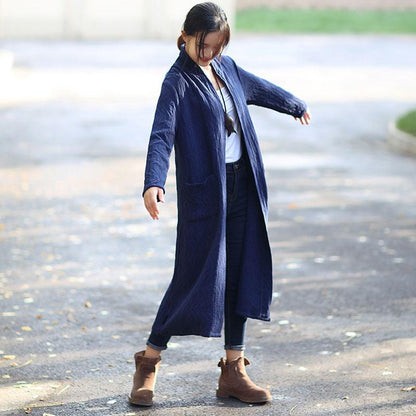 Navy Blue Retro Pockets Side Slit Long Sleeve Plain Cardigan Coat