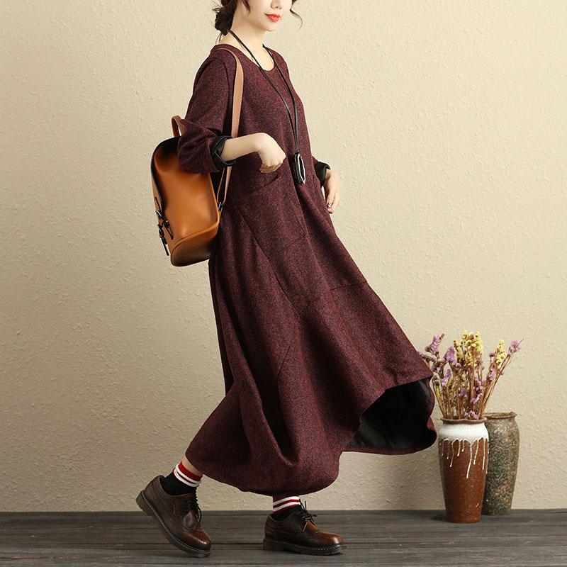 Plus Size Women Round Neck Long Sleeve Loose Cotton Dress