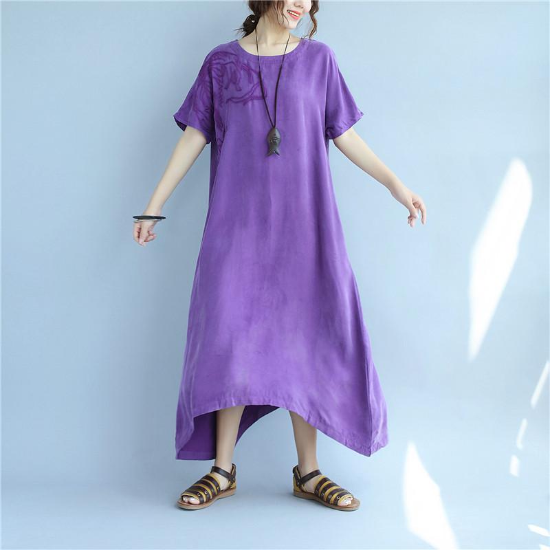 Retro Women Embroidery Summer Loose Casual Cuprammonuium Purple Dress