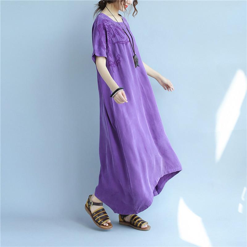 Retro Women Embroidery Summer Loose Casual Cuprammonuium Purple Dress