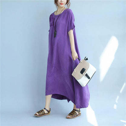 Retro Women Embroidery Summer Loose Casual Cuprammonuium Purple Dress