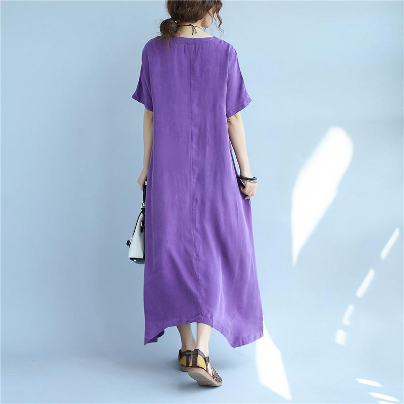 Retro Women Embroidery Summer Loose Casual Cuprammonuium Purple Dress