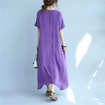 Retro Women Embroidery Summer Loose Casual Cuprammonuium Purple Dress