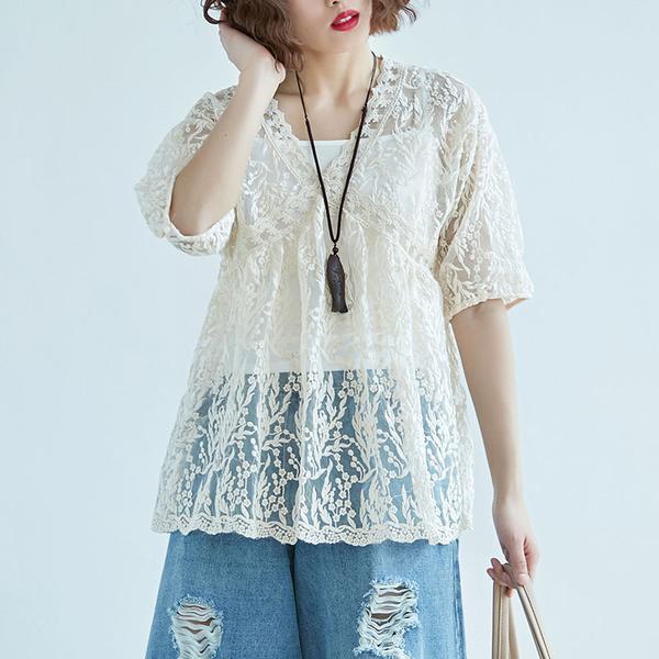 Women V Neck Embroidery Two Piece Set Tops