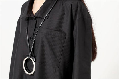 Polo Collar Solid White Long Sleeve Pockets Buttons Side Slit Dress