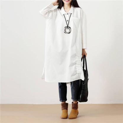 Polo Collar Solid White Long Sleeve Pockets Buttons Side Slit Dress