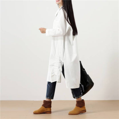 Polo Collar Solid White Long Sleeve Pockets Buttons Side Slit Dress