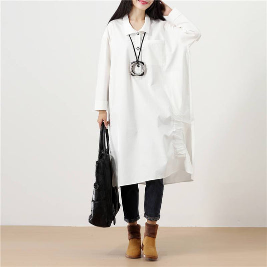 Polo Collar Solid White Long Sleeve Pockets Buttons Side Slit Dress