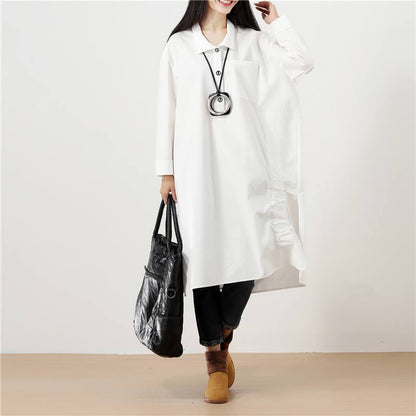 Polo Collar Solid White Long Sleeve Pockets Buttons Side Slit Dress
