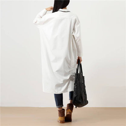 Polo Collar Solid White Long Sleeve Pockets Buttons Side Slit Dress