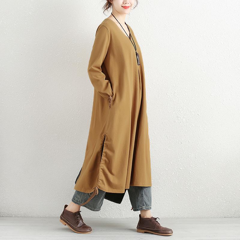 Women Long Sleeve Lacing Slit Pockets Solid Dress