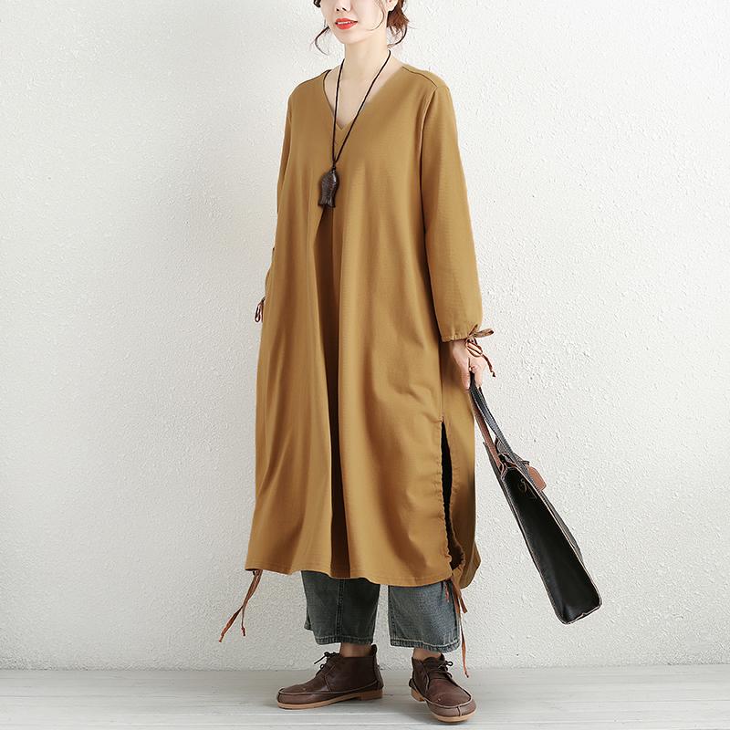 Women Long Sleeve Lacing Slit Pockets Solid Dress