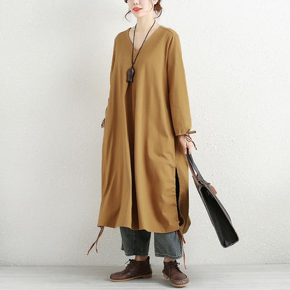 Women Long Sleeve Lacing Slit Pockets Solid Dress