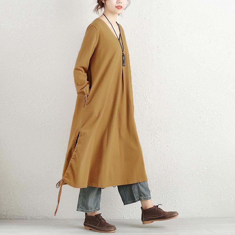 Women Long Sleeve Lacing Slit Pockets Solid Dress