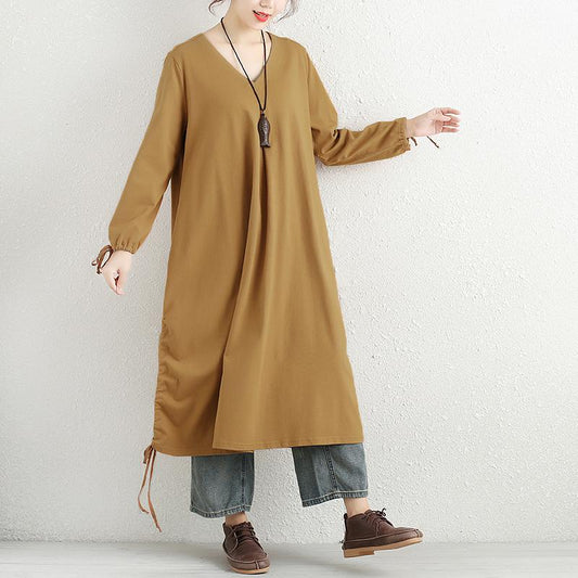 Women Long Sleeve Lacing Slit Pockets Solid Dress